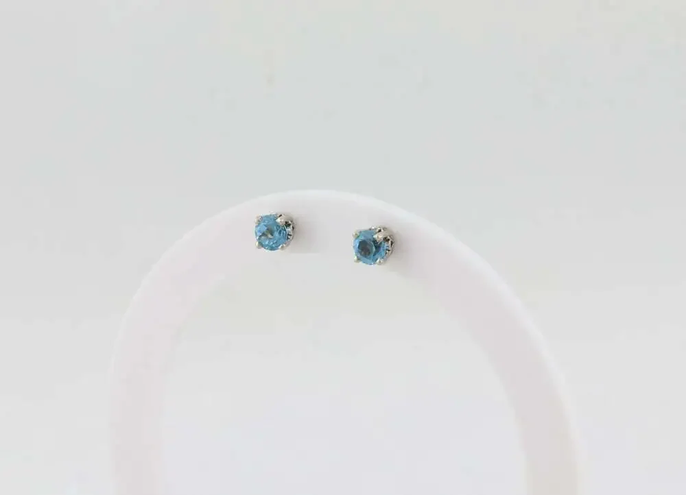 14k White Gold Natural Swiss Blue Topaz Earrings Studs 3/16